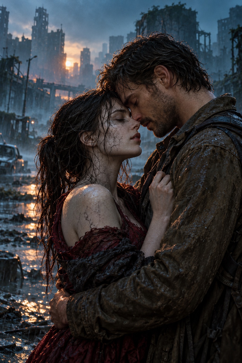 Original concept artwork: a couple embraces in a misty city, one partner in subtle zombie makeup